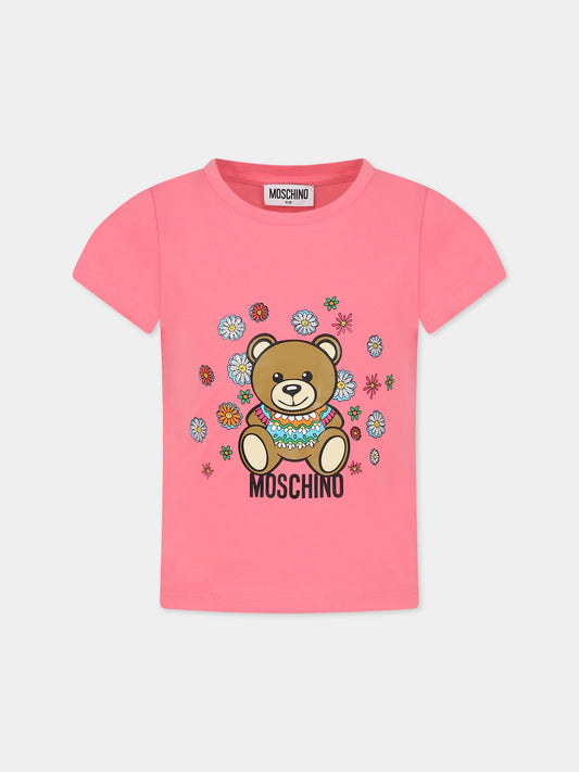T-shirt rosa per bambina con Teddy bear e fiori,Moschino Kids,HDM04T LBA00 51047