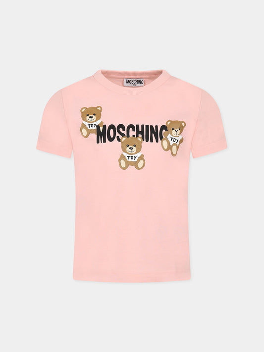 T-shirt rosa per bambina con tre Teddy Bear e logo,Moschino Kids,HUM04B LAA23 50209