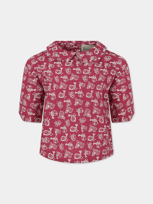 Camicia bordeaux per bambina con stampa uccelli,Farway Milano,CAM04BTA