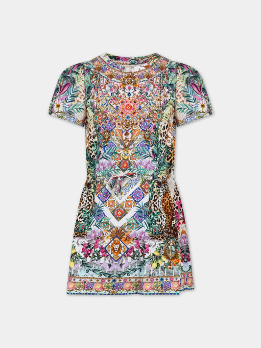 Vestito multicolor per bambina con stampa floreale e strass,Camilla,00026230 FLOWNEPT