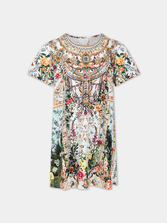 Vestito multicolor per bambina con stampa floreale e strass,Camilla,00024988 RENAROMA