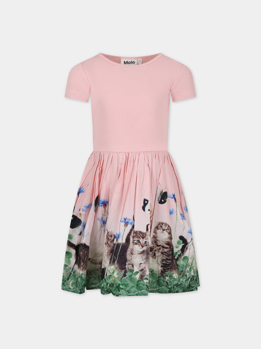 Vestito rosa per bambina con stampa gatti,Molo,2S24E125 3566
