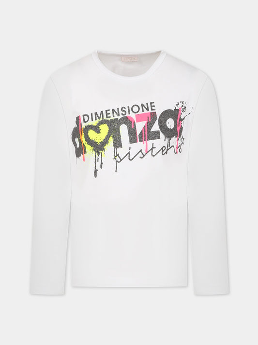 T-shirt bianca per bambina con logo e stampa,Dimensione Danza,031920 002