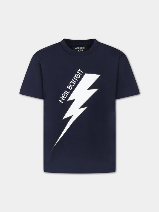 T-shirt blu per bambino con iconica saetta e logo,Neil Barrett Kids,033589 060