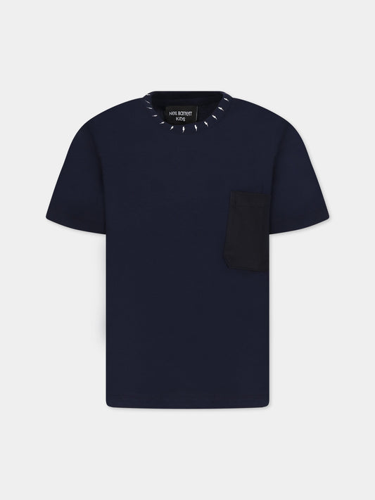 T-shirt blu per bambino  con iconiche saette e logo,Neil Barrett Kids,033644 060