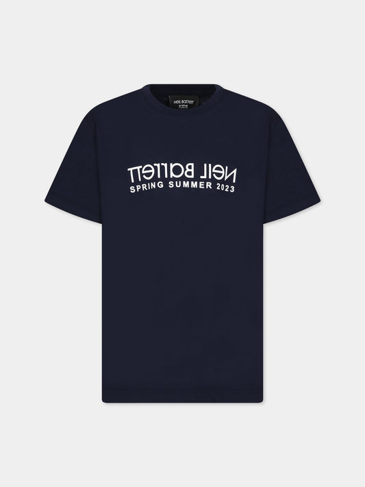 T-shirt blu con logo per bambino,Neil Barrett Kids,033651 060
