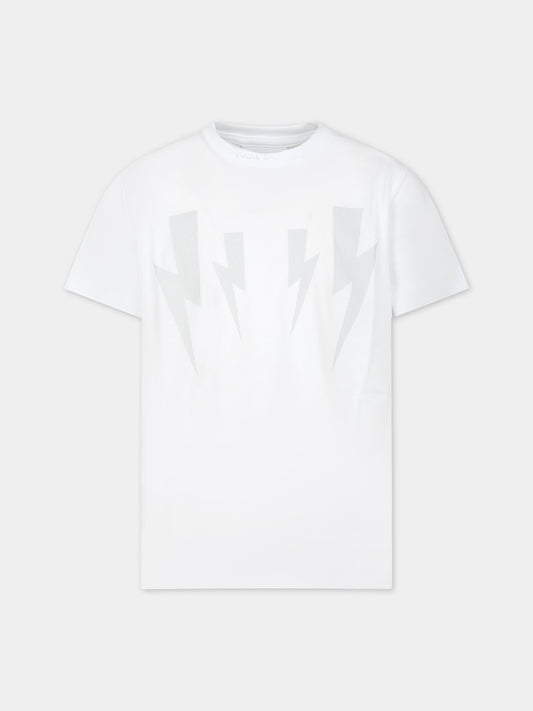 T-shirt bianca per bambino con iconiche saette e logo,Neil Barrett Kids,033652 001