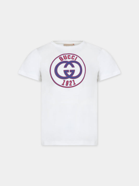 T-shirt bianca per bambino con stampa e logo,Gucci Kids,547559 XJF6P 9332