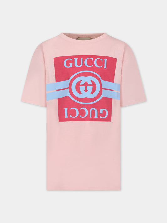 T-shirt rosa per bambina con doppia G,Gucci Kids,575114 XJF6K 6372