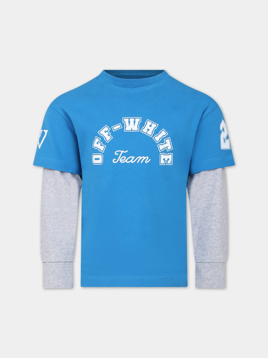 T-shirt azzurra per bambino con logo e numeri,Off White,OBAB004S24JER0014401