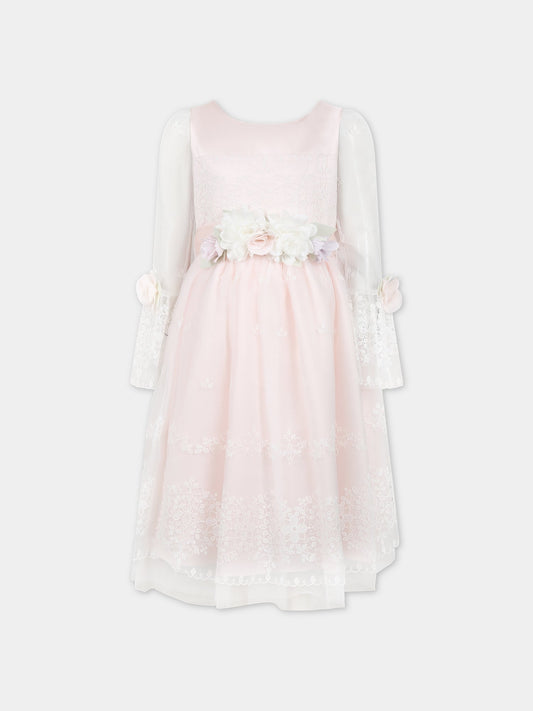 Vestito rosa per bambina con ricami e fiori,Monnalisa,71C914 3972 0092
