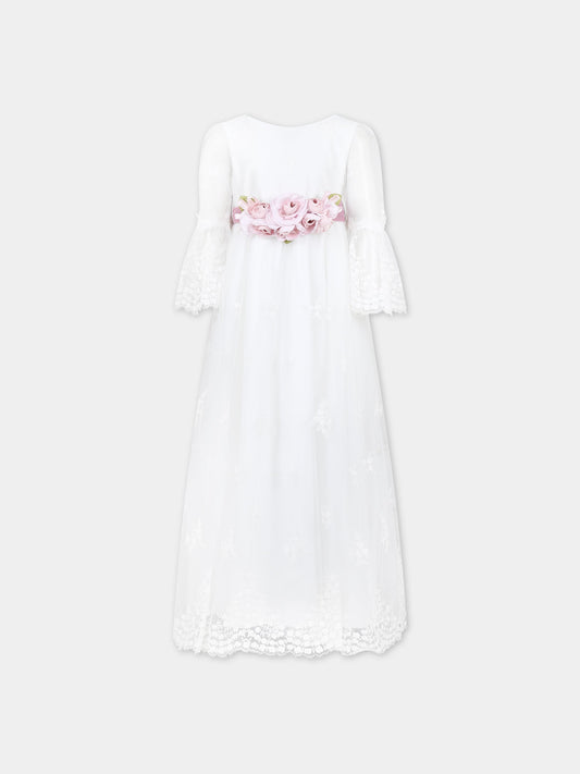 Vestito bianco lungo per bambina con ricami,Monnalisa,71C920 3971 0001