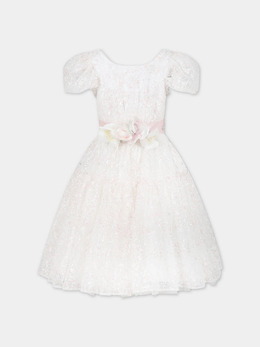 Vestito bianco per bambina con paillettes,Monnalisa,77C902 3909 0192