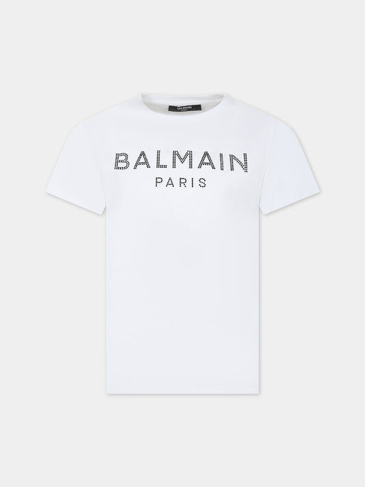 T-shirt bianca per bambina con logo e strass,Balmain Kids,BU8A91 Z0057 100NE
