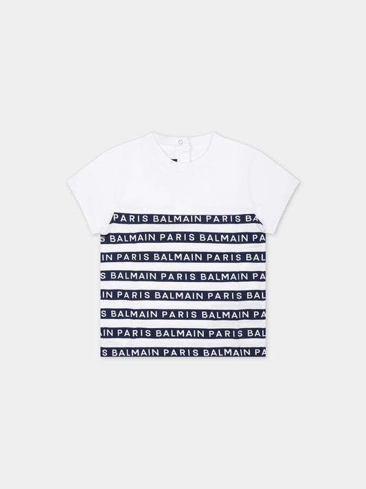 T-shirt bianca per neonato con righe blu e logo,Balmain Kids,BU8571 Z1911 100BL