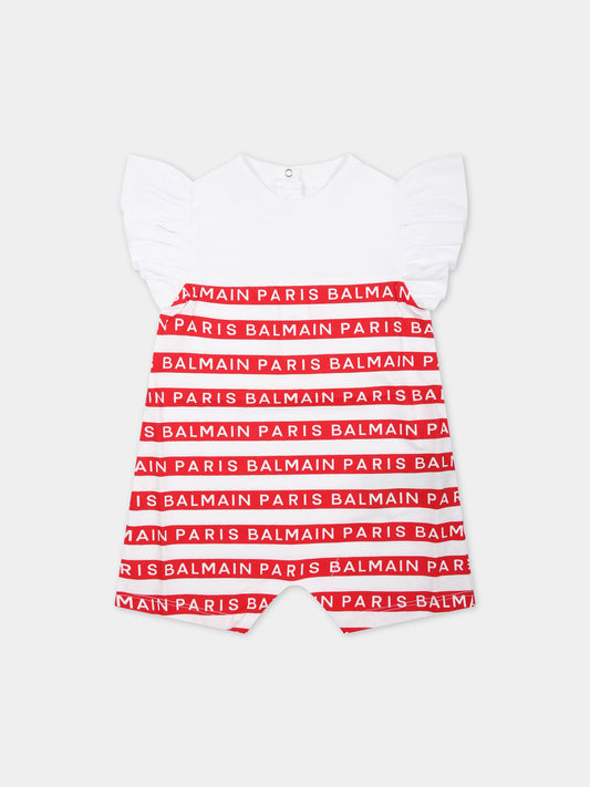 Pagliaccetto bianco per neonata con righe rosse e logo,Balmain Kids,BUA00B Z1911 100RO