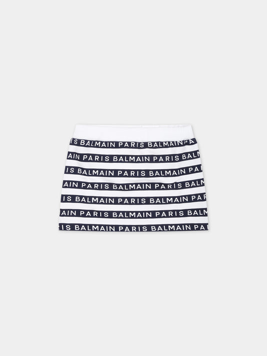 Gonna bianca per neonata con righe blu e logo,Balmain Kids,BU7001 Z1909 100BL