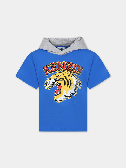 T-shirt azzurra per bambino con iconica tigre e logo,Kenzo Kids,K60356 878