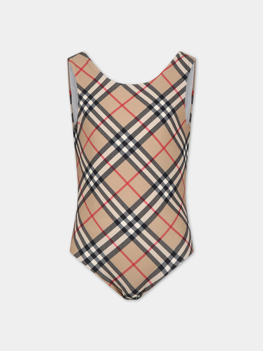 Costume beige per bambina con check vintage,Burberry Kids,8081445 A7028