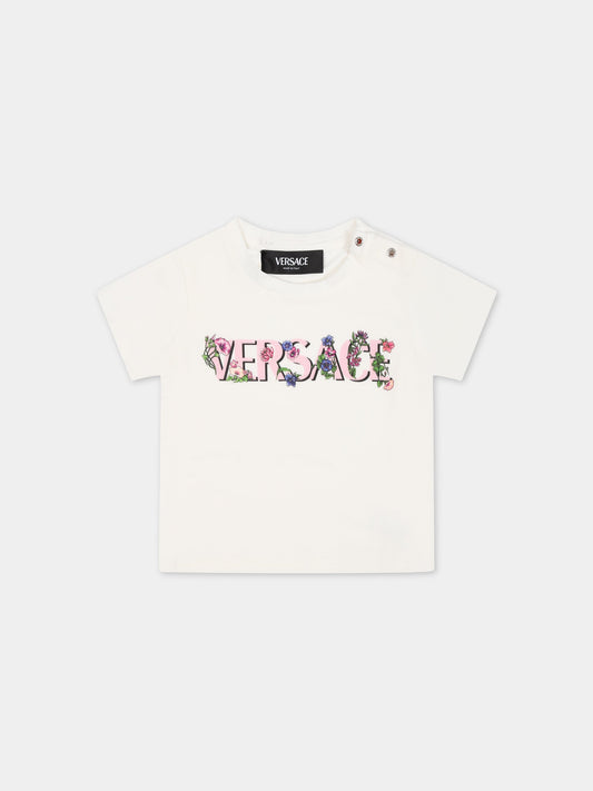T-shirt bianca per neonata con stampa logo,Versace,1000152 1A09975 2W070