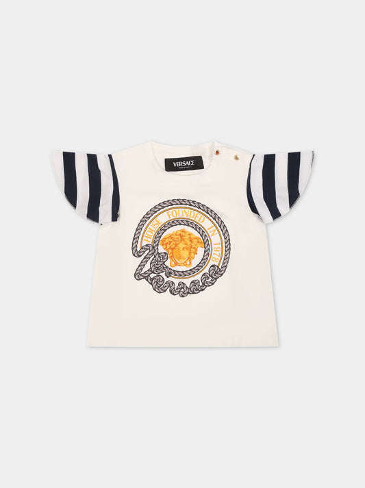T-shirt bianca per neonata con stampa ancora,Versace,1014029 1A09973 6WC00