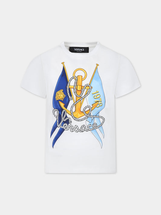 T-shirt bianca per bambino con stampa ancora,Versace,1000129 1A09770 2W070