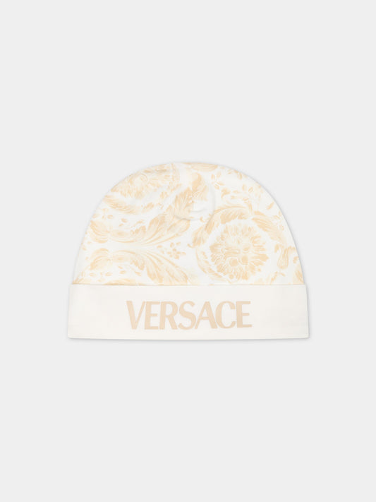 Cappello beige per neonato con stampa barocco,Versace,1000296 1A09525 2WJ70