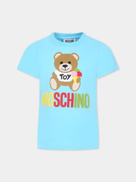 T-shirt celeste per bambini con logo e Teddy Bear,Moschino Kids,HNM03T LBA08 41020