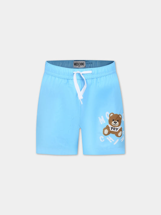 Boxer-mare celeste per bambino con Teddy Bear e logo,Moschino Kids,HUL01C LKA02 41020