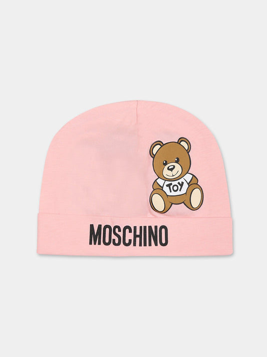 Cappello rosa per neonata con Teddy bear e logo,Moschino Kids,MVX031 LAA03 50209