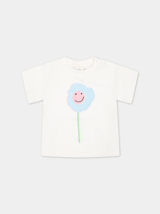 T-shirt bianca per neonata con fiore e logo,Stella Mccartney Kids,TS8021 Z0434 101