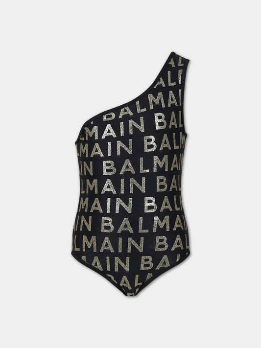 Costume nero per bambina con logo,Balmain Kids,BSCA49 Z0559 930OR