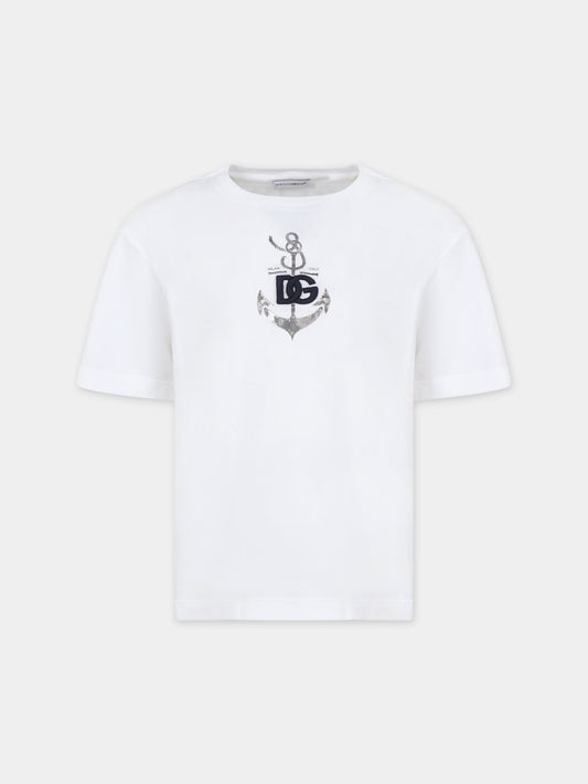 T-shirt bianca per bambino con iconico monogramma,Dolce & Gabbana Kids,L4JTEY G7L0A W0800
