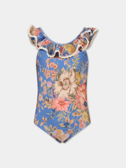 Costume blu per bambina con stampa floreale,Zimmermann,7532WRS242 DUSTY BLUE FLORAL