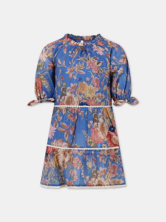 Vestito blu per bambina con stampa floreale,Zimmermann,9089DRS242 DUSTY BLUE FLORAL