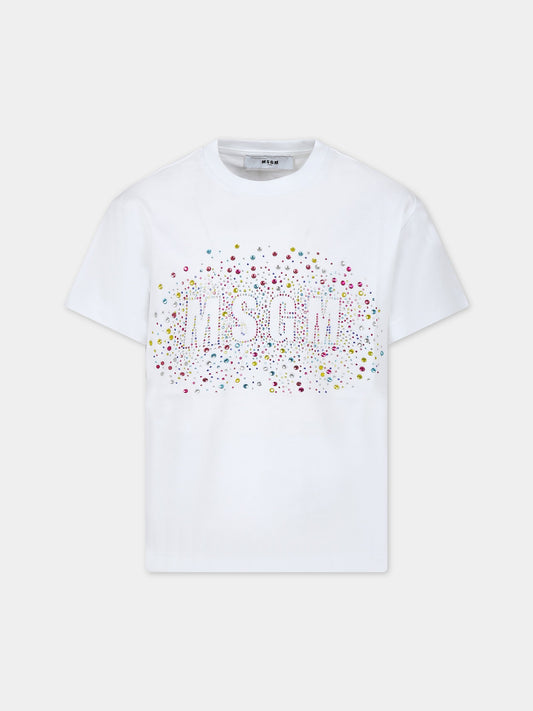 T-shirt bianca per bambina con logo e strass,Msgm Kids,S4MSJGTH152 001