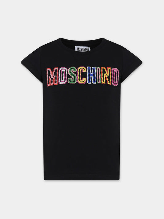 T-shirt nera per bambina con logo,Moschino Kids,H1M042 LBA00 60100