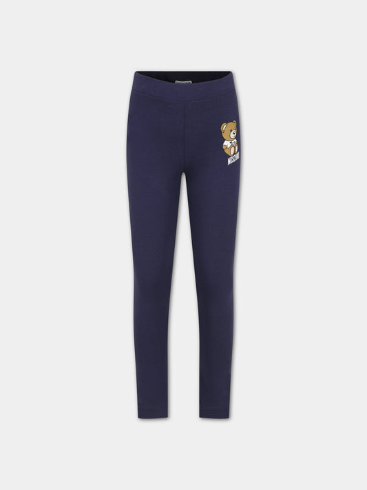 Leggings blu per bambina con Teddy Bear e logo,Moschino Kids,H3P047 LBA10 40016