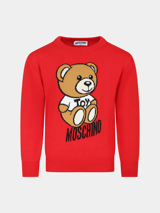 Maglione rosso per bambini con Teddy bear e logo,Moschino Kids,HPW00J LHE13 50109