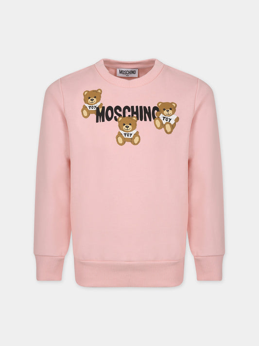 Felpa rosa per bambina con Teddy Bears e logo,Moschino Kids,HUF07E LCA32 50209