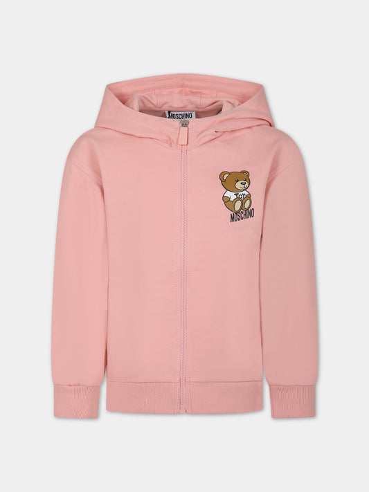 Felpa rosa per bambina con Teddy Bear e logo,Moschino Kids,HUF07F LCA19 50209