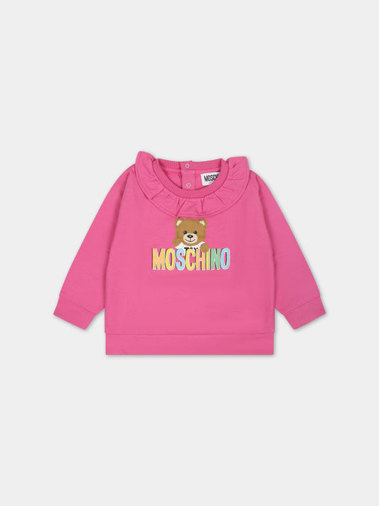 Felpa fucsia per neonata con Teddy Bear e logo,Moschino Kids,MAF02A LDA00 50879