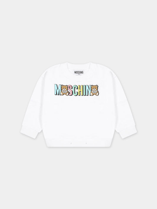 Felpa bianca per neonati con Teddy Bears e logo,Moschino Kids,MTF03N LCA51 10101
