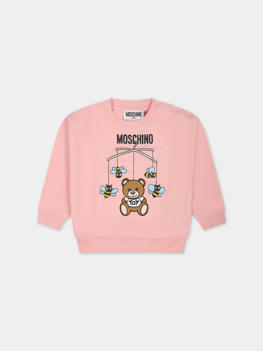Felpa rosa per neonata con Teddy Bear,Moschino Kids,MWF03N LCA19 50209