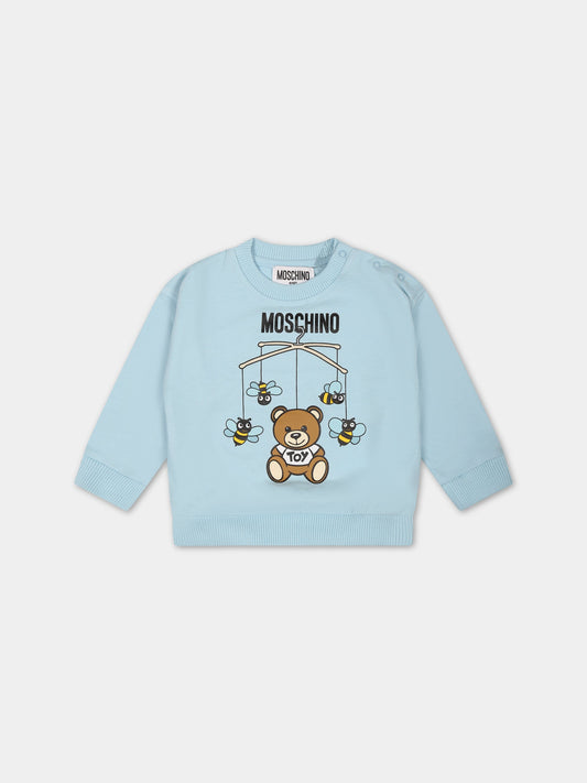 Felpa celeste per neonato con Teddy Bear,Moschino Kids,MWF03N LCA19 40304