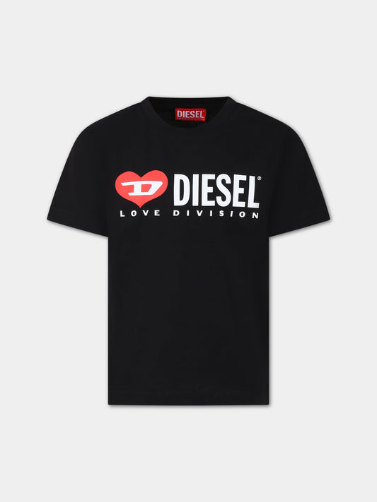 T-shirt nera per bambini con logo,Diesel,J01312 KYAR1 K900