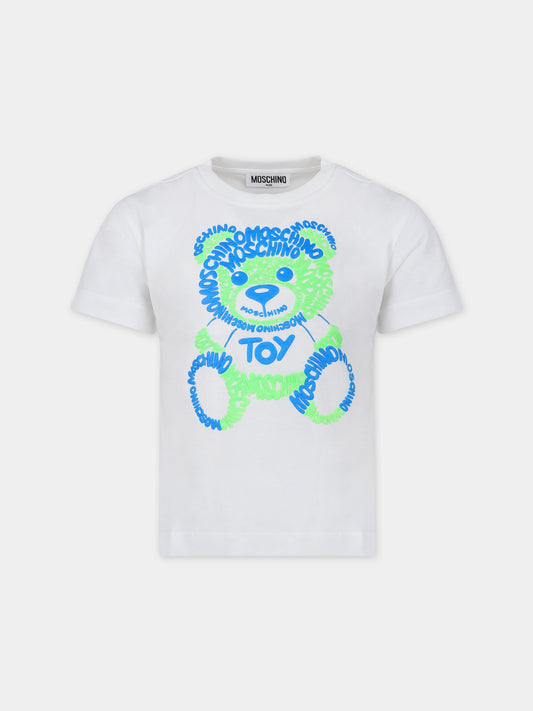 T-shirt bianca per bambini con Teddy Bear e logo,Moschino Kids,HUM04C LAA01 10101