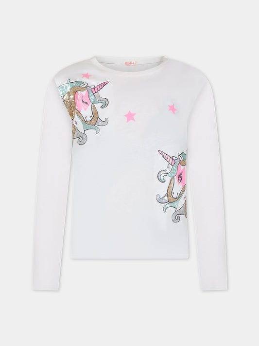 T-shirt bianca per bambina con unicorni,Billieblush,U15A71 121