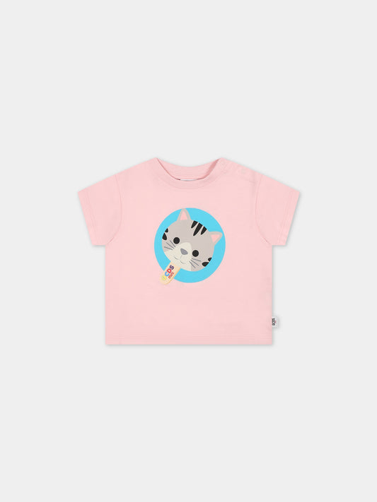 T-shirt rosa per neonata con gattino,Gcds Kids,GUM008 LAA03 52483