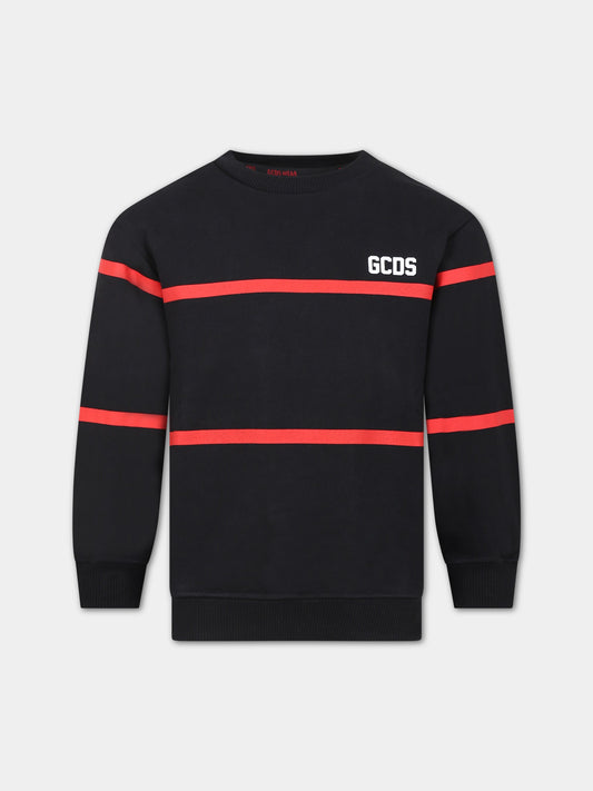 Felpa nera per bambini con righe rosse,Gcds Kids,DOF000 LCA52 60100